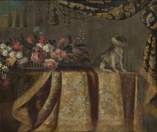Flower Still Life with a Toy Spaniel on a Draped Table - Francesco Noletti — artwork view