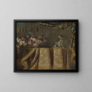 Flower Still Life with a Toy Spaniel on a Draped Table - Francesco Noletti — framed artwork on a wall
