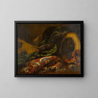 Nature morte avec des tapis, un putto et un violon - Francesco Noletti — framed artwork on a wall