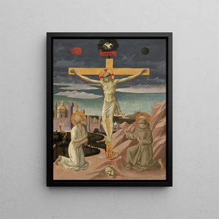 The Crucifixion with Saint Jerome and Saint Francis - Francesco Pesellino — framed artwork on a wall