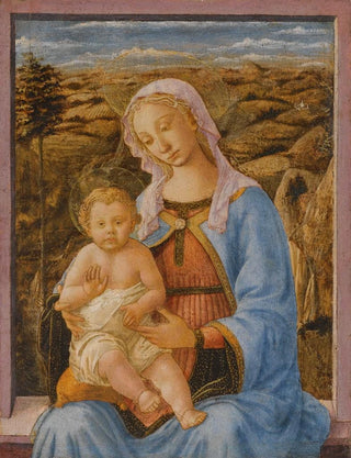 La Vierge et l'Enfant assis sur le rebord d'une fenêtre Un paysage au-delà - Francesco Pesellino — artwork view