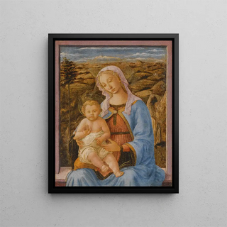 La Vierge et l'Enfant assis sur le rebord d'une fenêtre Un paysage au-delà - Francesco Pesellino — framed artwork on a wall
