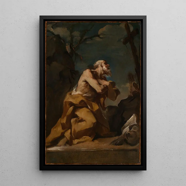 Saint Jerome kneeling in adoration of a cross - Francesco Polazzo — framed artwork on a wall