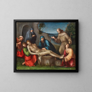 La Lamentation du Christ avec des anges - Francesco Raibolini — framed artwork on a wall