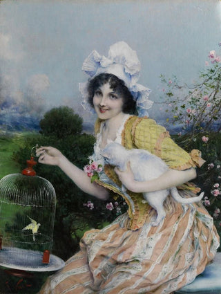 Girl with a cat and a birdcage - Francesco Vinea — artwork view
