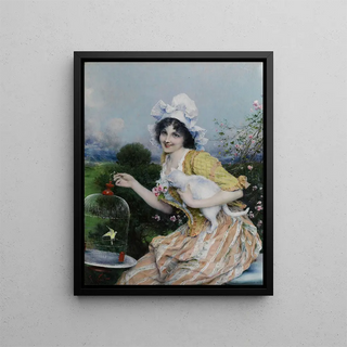 Girl with a cat and a birdcage - Francesco Vinea — framed artwork on a wall