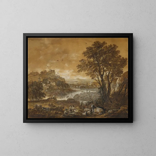 a landscape with shepherds resting under a tree near a waterfall - Francesco Zuccarelli — framed artwork on a wall