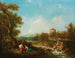 an Arcadian landscape with figures near a stream and a village beyond - Francesco Zuccarelli — artwork view