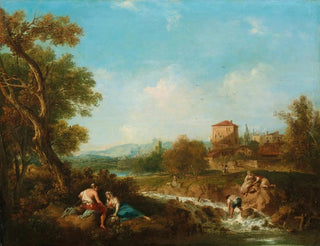 an Arcadian landscape with figures near a stream and a village beyond - Francesco Zuccarelli — artwork view