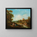 an Arcadian landscape with figures near a stream and a village beyond - Francesco Zuccarelli — framed artwork on a wall