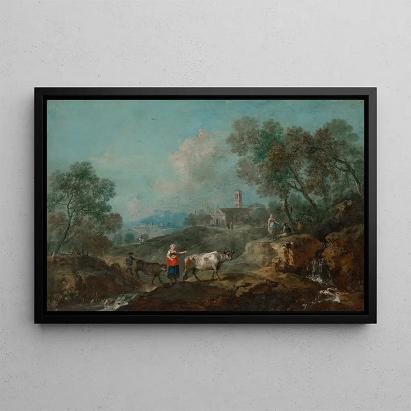 Italianate landscape painting with peasants driving livestock near a stream, a city in the distance - Francesco Zuccarelli — framed artwork on a wall