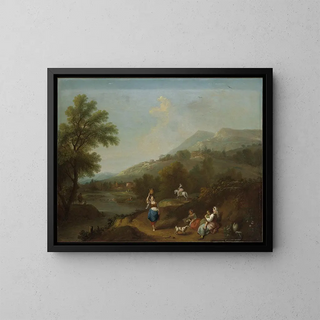Idyllic river landscape with figures - Francesco Zuccarelli — framed artwork on a wall