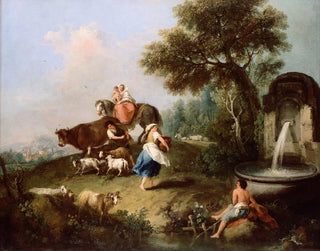 Landscape painting with a fountain, figures, and animals - Francesco Zuccarelli — artwork view