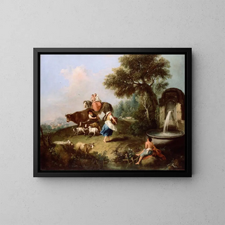 Landscape painting with a fountain, figures, and animals - Francesco Zuccarelli — framed artwork on a wall