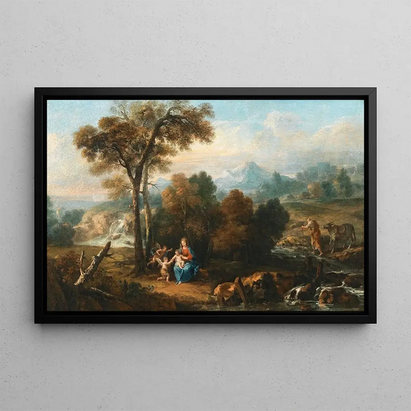Landscape Painting with the Rest during the Flight into Egypt - Francesco Zuccarelli — framed artwork on a wall