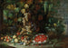 an overturned basket of fruits, flowers, and vegetables with a garland filled with strawberries in a villa garden - Francesco della Questa — artwork view