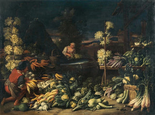 Vendors of fruits near a fountain with vegetables and flowers - Francesco della Questa — artwork view