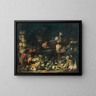 Vendors of fruits near a fountain with vegetables and flowers - Francesco della Questa — framed artwork on a wall