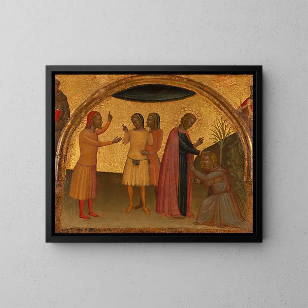 Saint John the Evangelist with Acteus and Eugenius - Francescuccio Ghissi — framed artwork on a wall