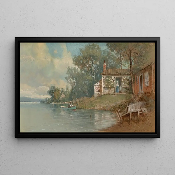 Cottage by the Lake - Francis Augustus Silva — framed artwork on a wall