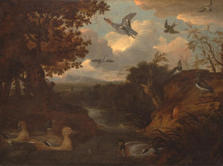 Canards et autres oiseaux près d'un ruisseau dans un paysage à l'italienne - Francis Barlow — artwork view