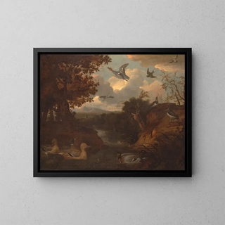 Canards et autres oiseaux près d'un ruisseau dans un paysage à l'italienne - Francis Barlow — framed artwork on a wall
