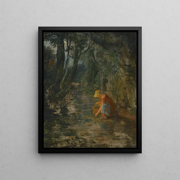 a girl picking berries near a stream in a wooded landscape - Francis Danby — framed artwork on a wall
