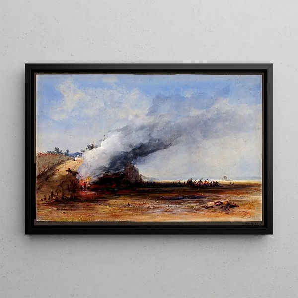 Fire of an Old Boat - Francis Danby — framed artwork on a wall