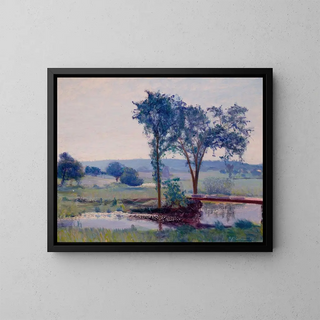 Landscape painting with a lake - Francis J Flanagan — framed artwork on a wall
