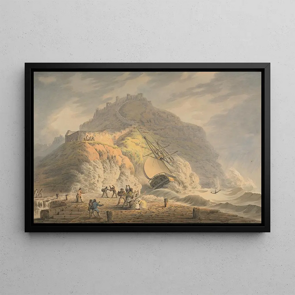 Shipwreck at Scarborough at the foot of the castle cliff - Francis Nicholson — framed artwork on a wall