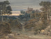 Landscape painting with castle, waterfall, and stream in the foreground - Francis Oliver Finch — artwork view
