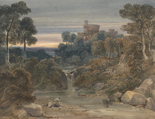 Landscape painting with castle, waterfall, and stream in the foreground - Francis Oliver Finch — artwork view