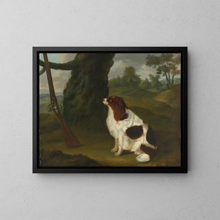 An English spaniel and a flintlock gun in a landscape - Francis Sartorius — framed artwork on a wall