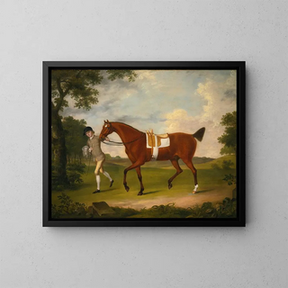 a lively young man holding a mare in a landscape - Francis Stringer — framed artwork on a wall