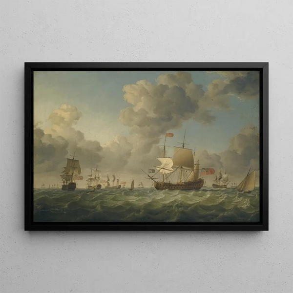 British Warships of the Red Squadron by Strong Wind - Francis Swaine — framed artwork on a wall