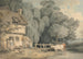 Scene of a countryside with characters near a cottage door and livestock in a stream - Francis Wheatley — artwork view