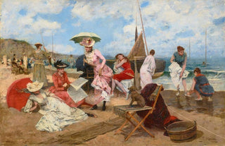 Elegant women on the beach with a dog - Francisco Miralles y Galup — artwork view