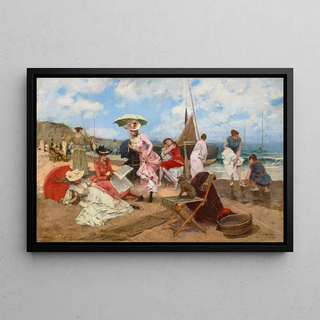 Elegant women on the beach with a dog - Francisco Miralles y Galup — framed artwork on a wall