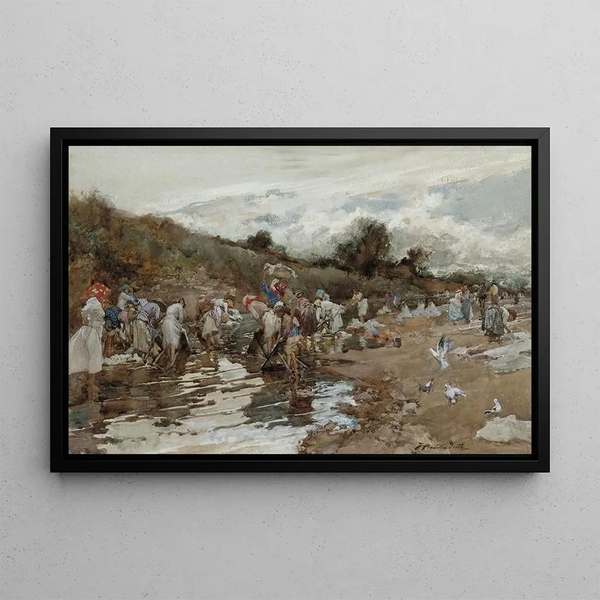 Lavandières à la rivière - Francisco Pradilla — framed artwork on a wall