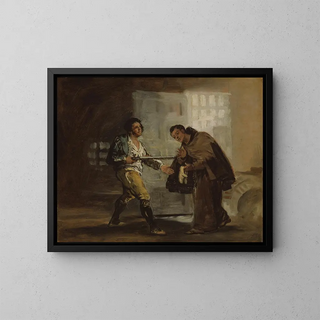 Francisco de Goya's painting "Le frère Pedro offre des chaussures à El Maragato et se prépare à écarter son arme." — framed artwork on a wall