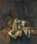 a vanitas painting featuring a skull, a shield, an hourglass, books, and papers on a table - Franciscus Gijsbrechts — artwork view