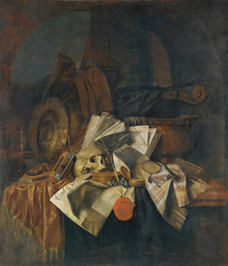 a vanitas painting featuring a skull, a shield, an hourglass, books, and papers on a table - Franciscus Gijsbrechts — artwork view