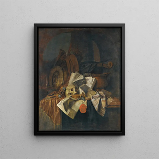 a vanitas painting featuring a skull, a shield, an hourglass, books, and papers on a table - Franciscus Gijsbrechts — framed artwork on a wall