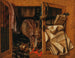 a Trompe-l'œil still life painting of a cupboard with books, gilded vases, a hunting horn, and drawings - Franciscus Gijsbrechts — artwork view