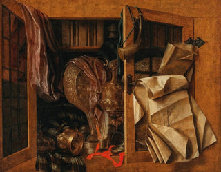 a Trompe-l'œil still life painting of a cupboard with books, gilded vases, a hunting horn, and drawings - Franciscus Gijsbrechts — artwork view