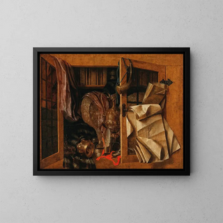a Trompe-l'œil still life painting of a cupboard with books, gilded vases, a hunting horn, and drawings - Franciscus Gijsbrechts — framed artwork on a wall