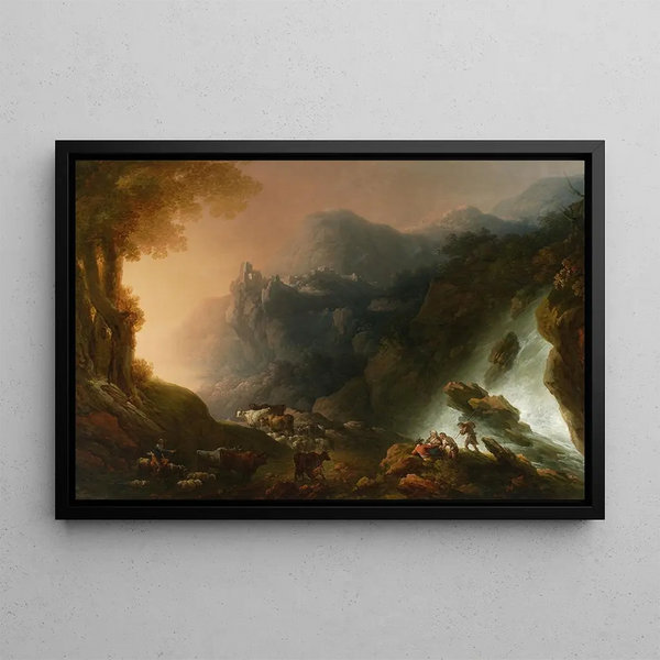 Mountain landscape with a waterfall - Franciszek Ksawery Lampi — framed artwork on a wall