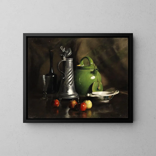 Still life with jugs and fruits - Franck Antoine Bail — framed artwork on a wall