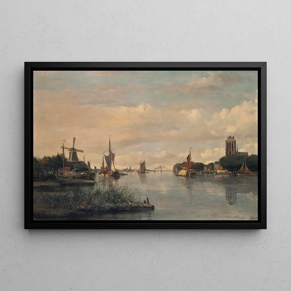 Ships on the Oude Maas in front of the Grote Kerk of Dordrecht - François Carlebur — framed artwork on a wall