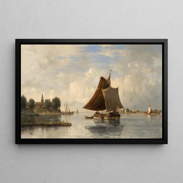 Dutch River Landscape with Sailboats - François Carlebur de Dordrecht — framed artwork on a wall